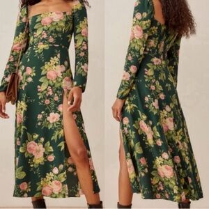 Reformation green floral square neck sigmund midi dress size 0